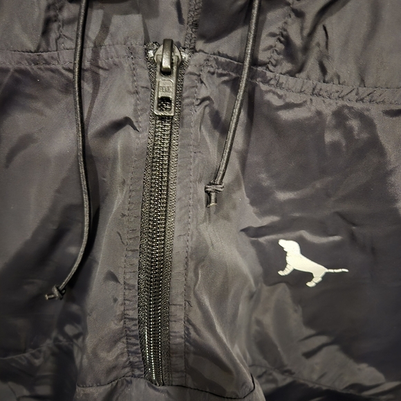 Victoria's Secret PINK Half Zip Jacket M/L Slicker Windbreaker Black Dog Hood - Picture 8 of 14